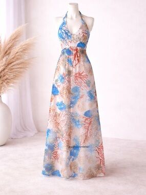 Boston Proper Blue and Brown Floral Maxi Dress size Small